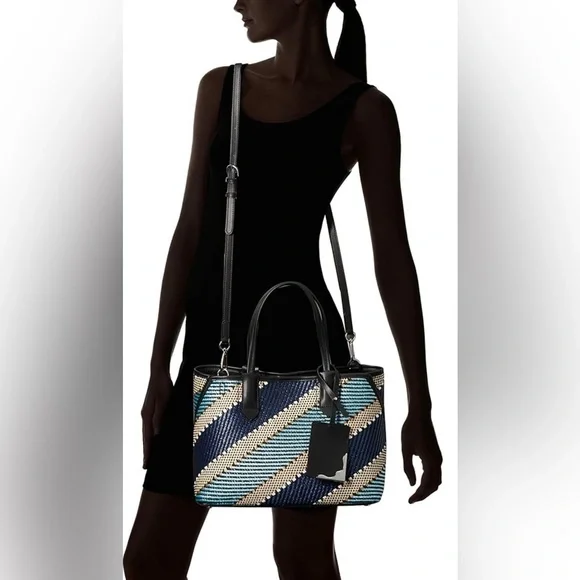 CALVIN KLEIN Jacky Raffia Straw Slouchy Tote Blue Gold Multi Bag AUTHENTIC NWT